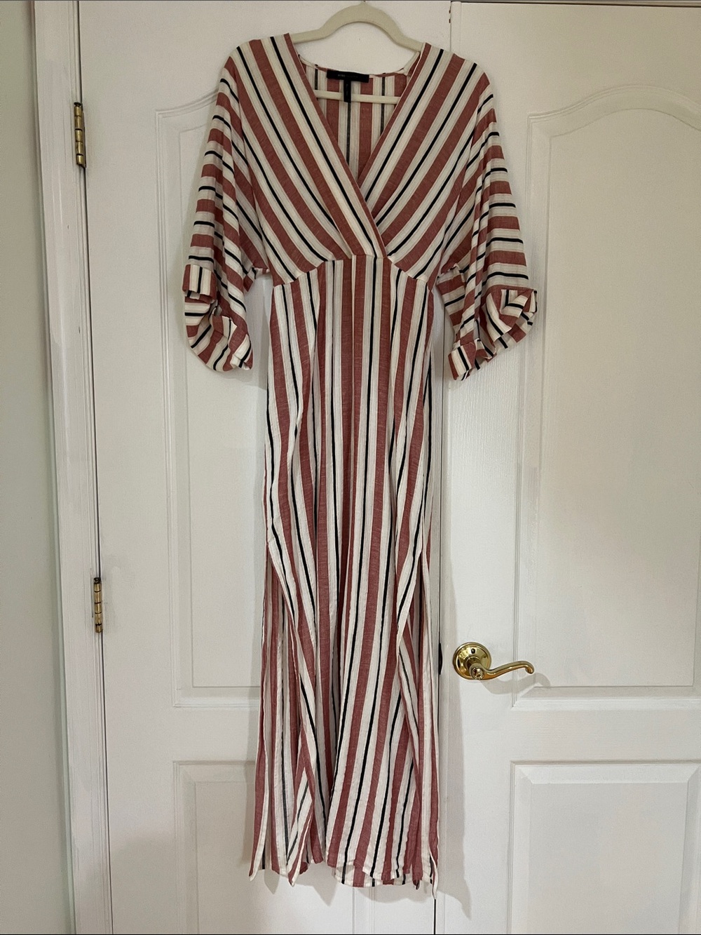 BCBGMAXAZRIA Striped V-Neck Maxi Dress in Rust and White